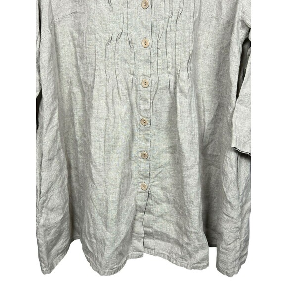 Flax (S) Linen Top Oversized Natural Pleated Tunic Dress Button Shirt W/Pockets - Picture 3 of 12